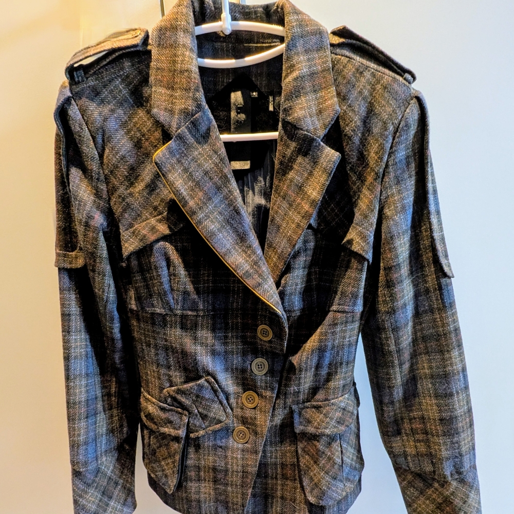 L.A.M.B. Blue and Brown Blazer Tailored Plaid Design